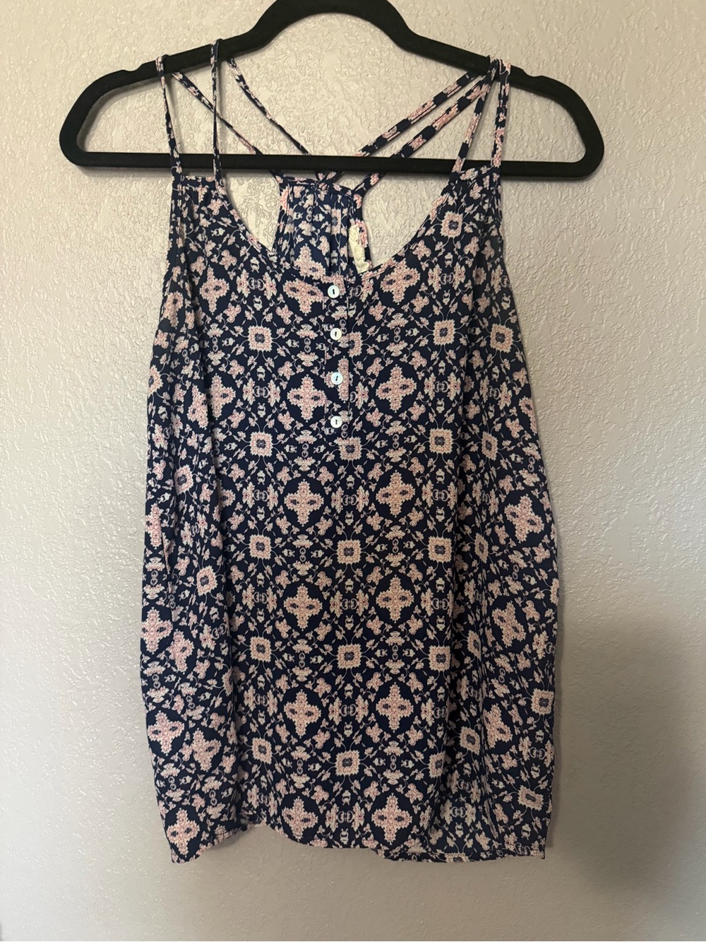 Navy Printed Spaghetti Strap Tank with Light Pink Accents